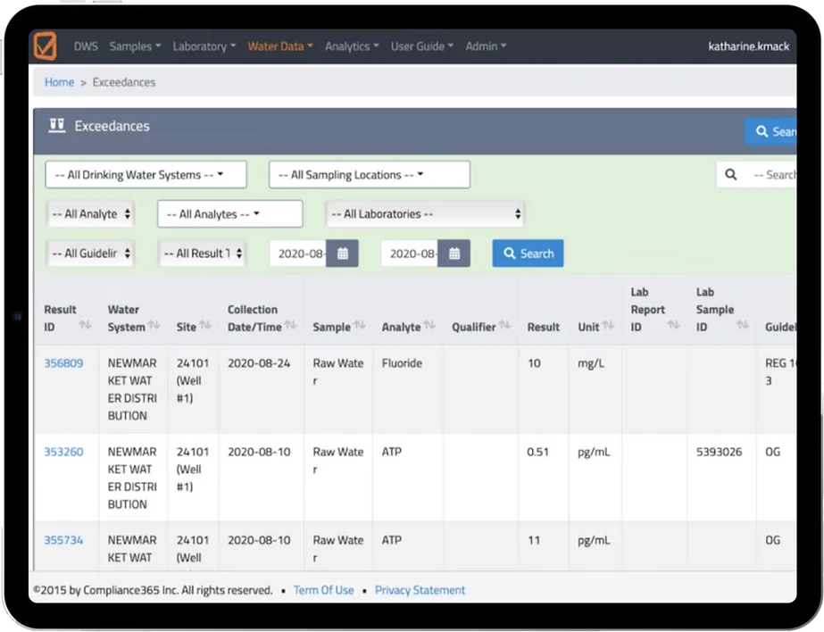 Water quality exceedance reporting in Compliance365