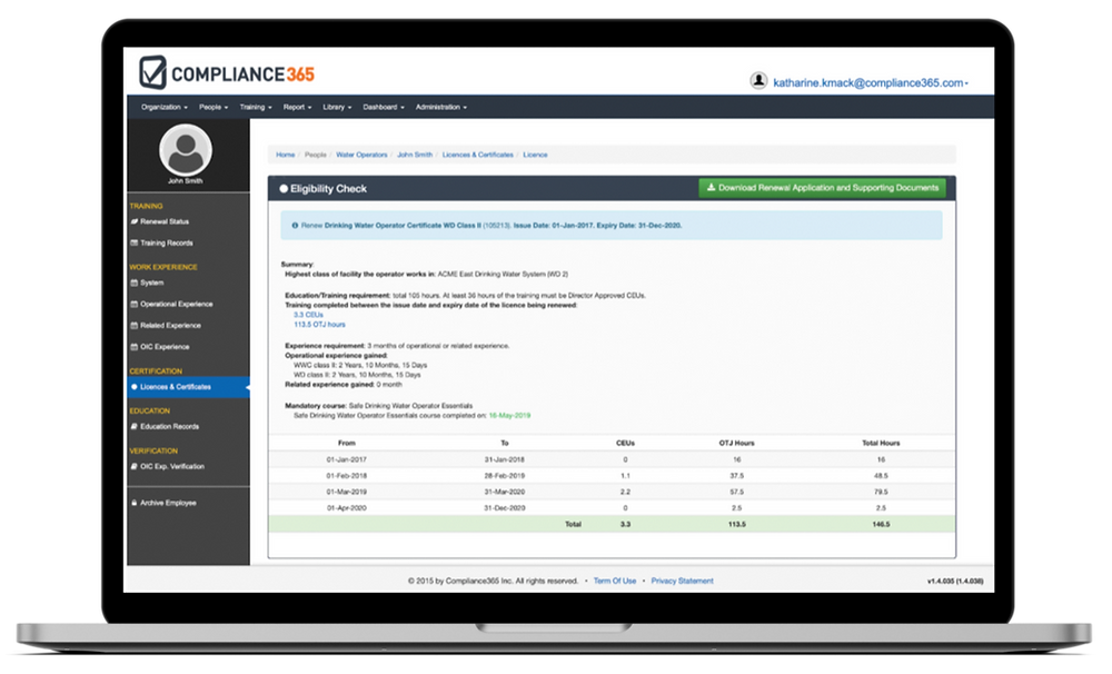 Compliance365 eligibility check shown on a laptop